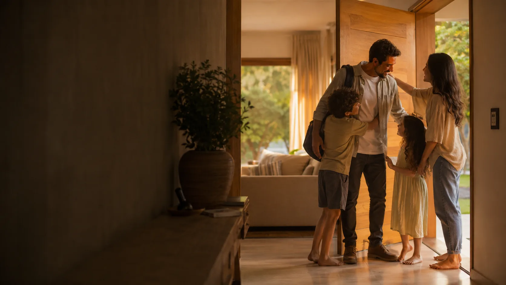 Uma família recebendo o pai em casa